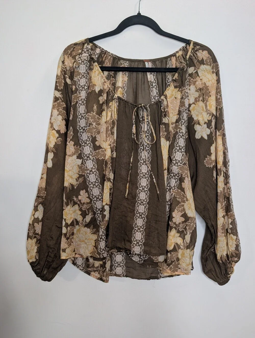 Free People Elena Printed Billowy Top Brown Floral Boho Peasant Blouse M